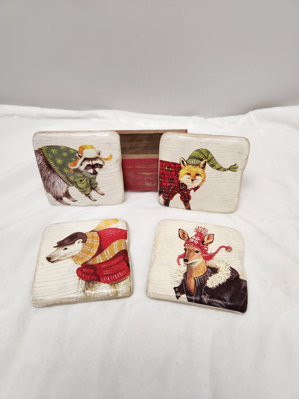 Woodland Animal Coaster Set in Cream & Red